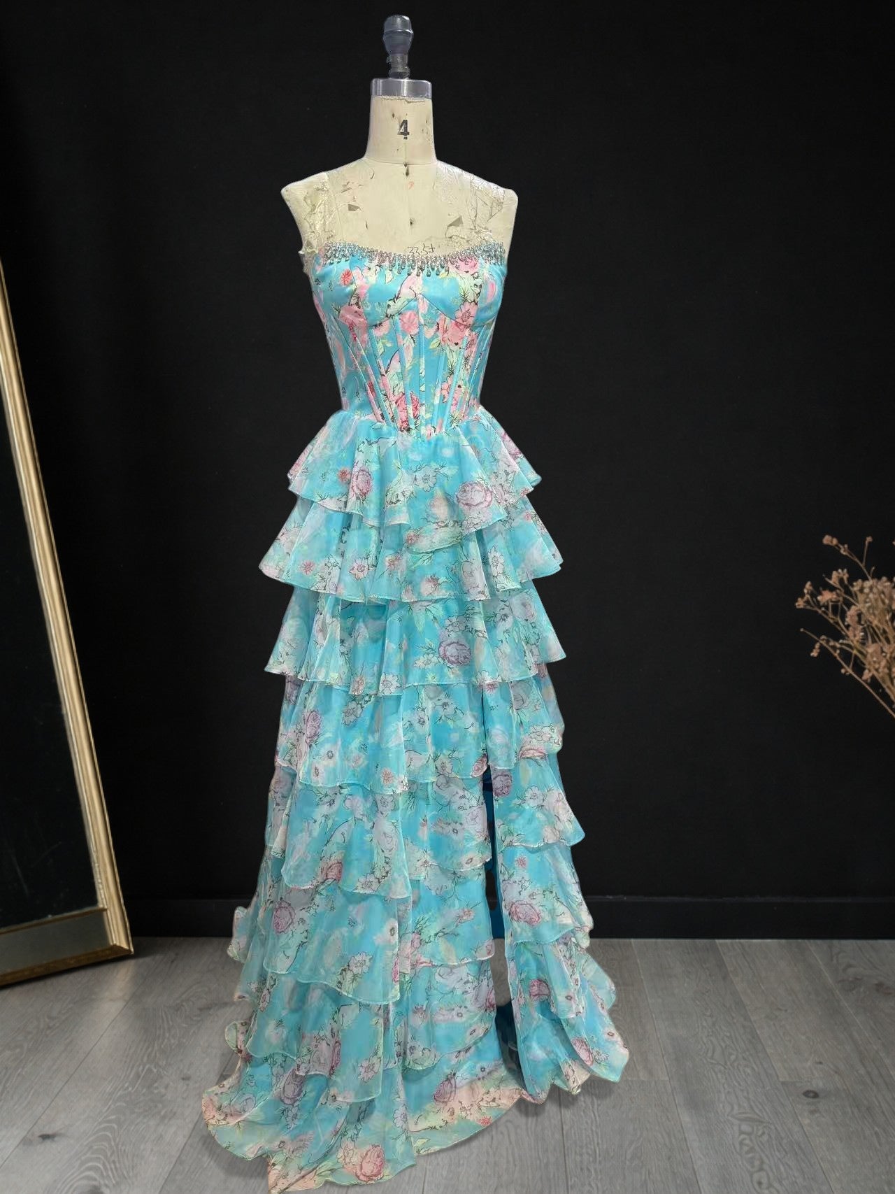 Floral Tiered Strapless with Slit Prom Gown CZ154