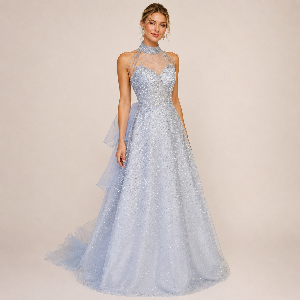 Elegant Blue Sparkling Halter Evening Dress with Beaded Illusion Neckline SL139