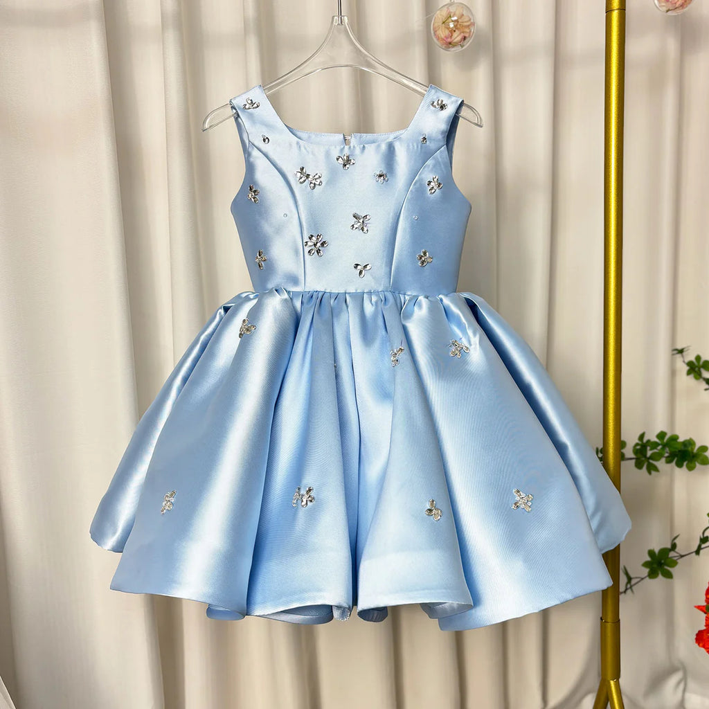 Sleeveless Light Blue Satin Flower Girl Dress with Rhinestone for Wedding Birthday Party N01