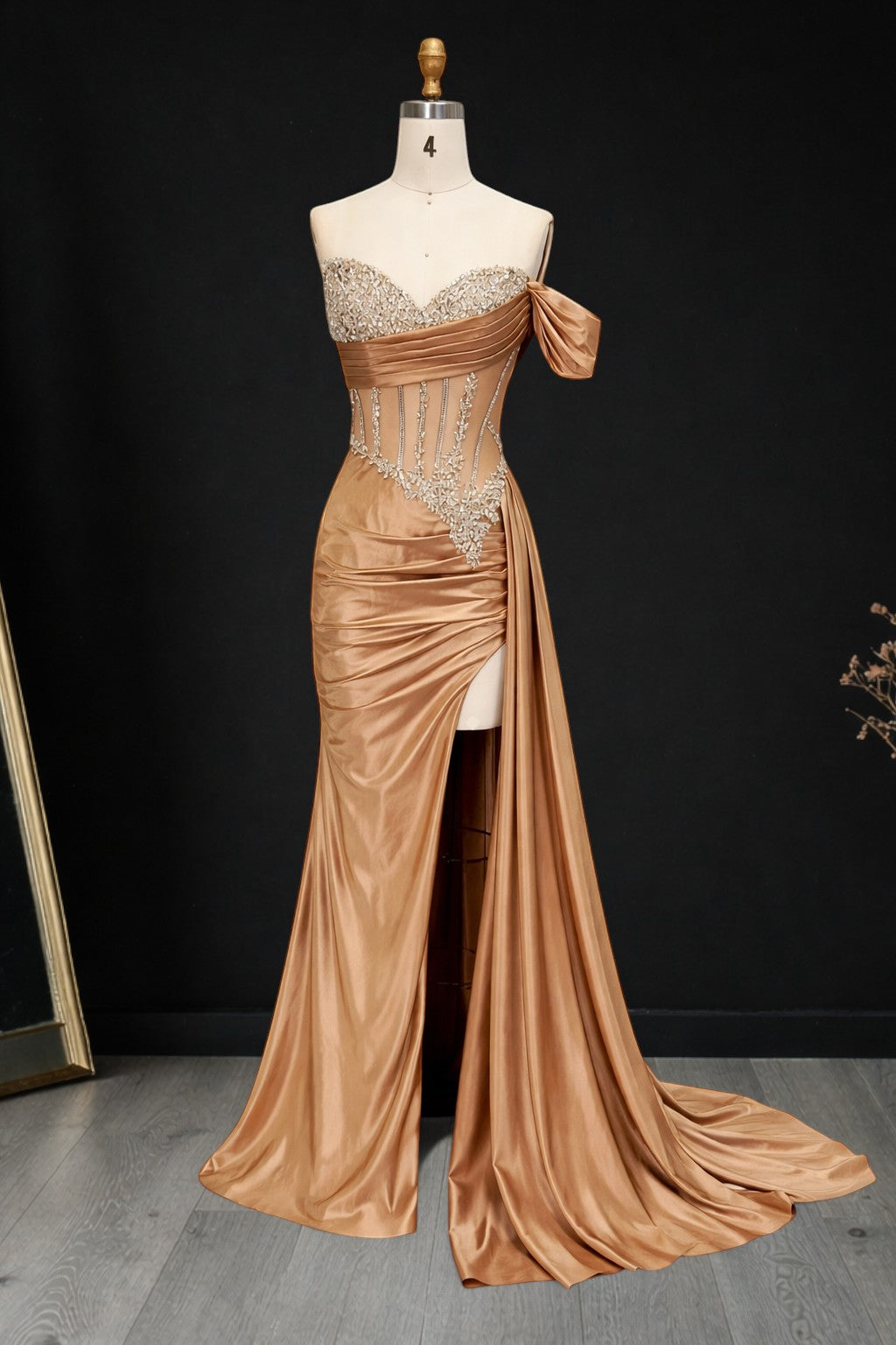 Elegent Champagne Gold Beaded One-Shoulder Evening Dress CZ159