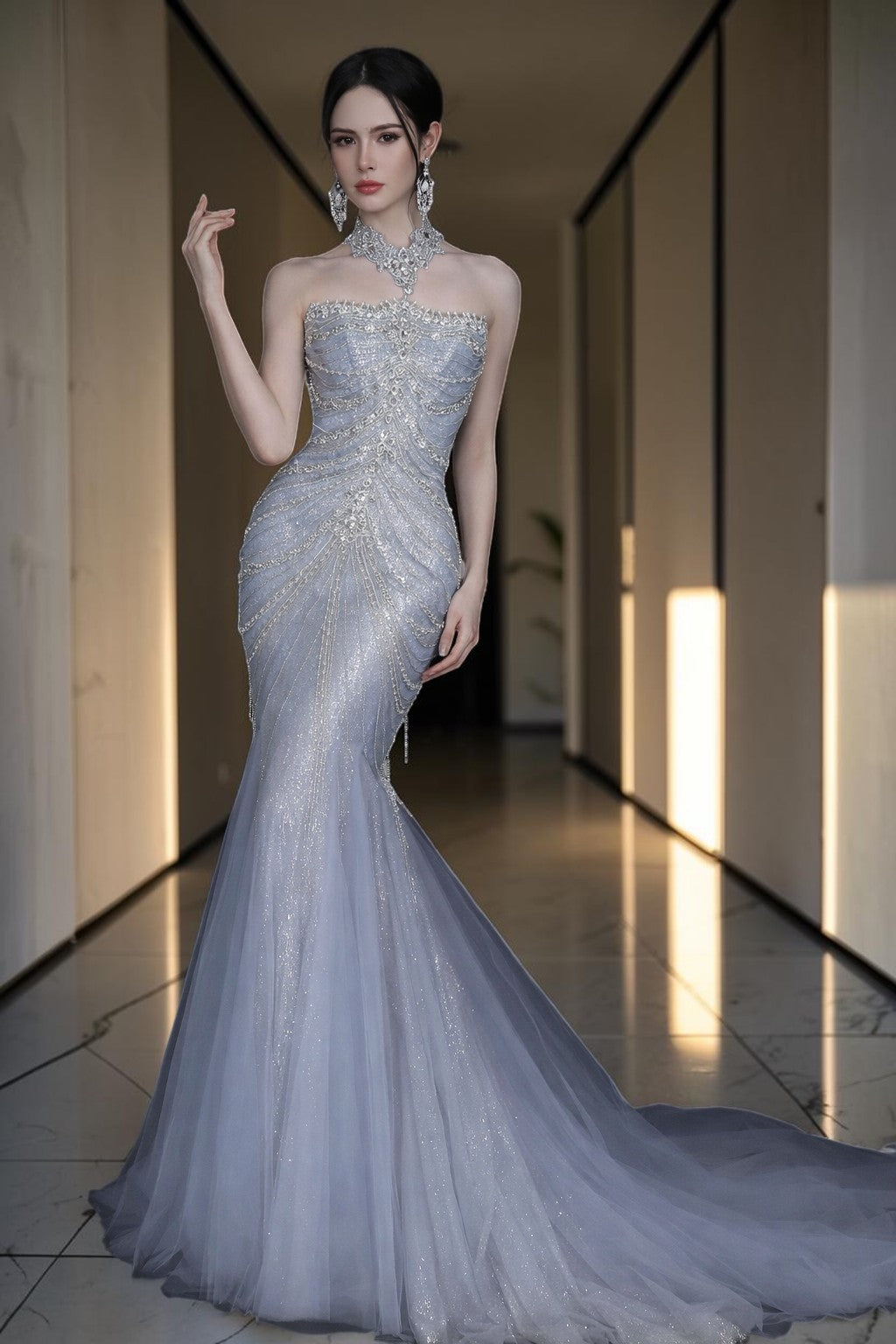Icy Blue Strapless Beaded Mermaid Evening Gown with Train SL165