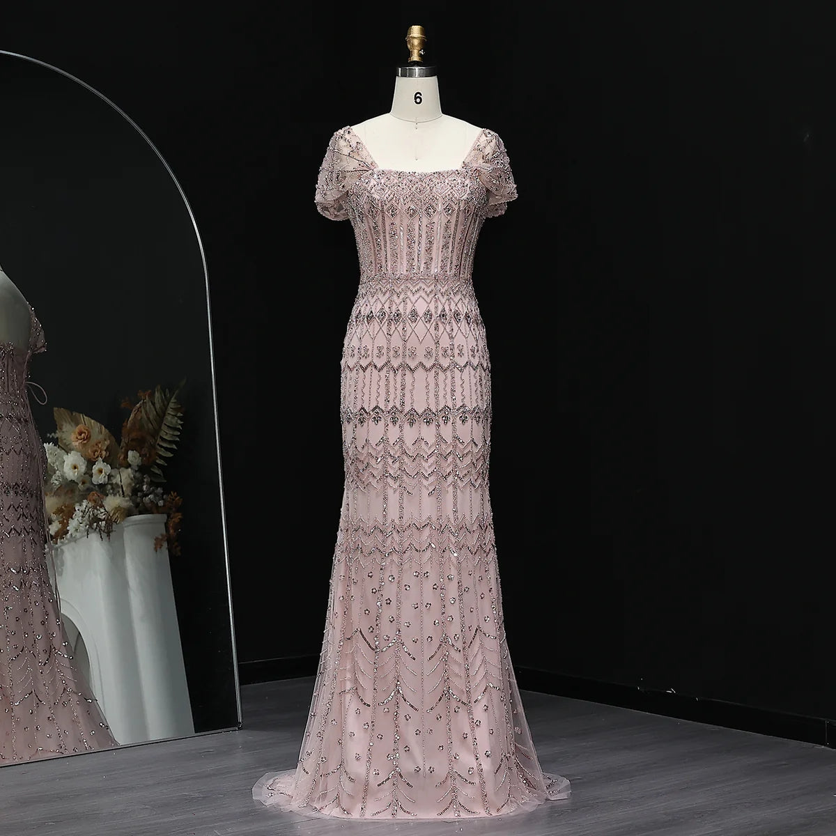 Elegant Blush Pink Beaded Formal Dress with Sleeves SL209