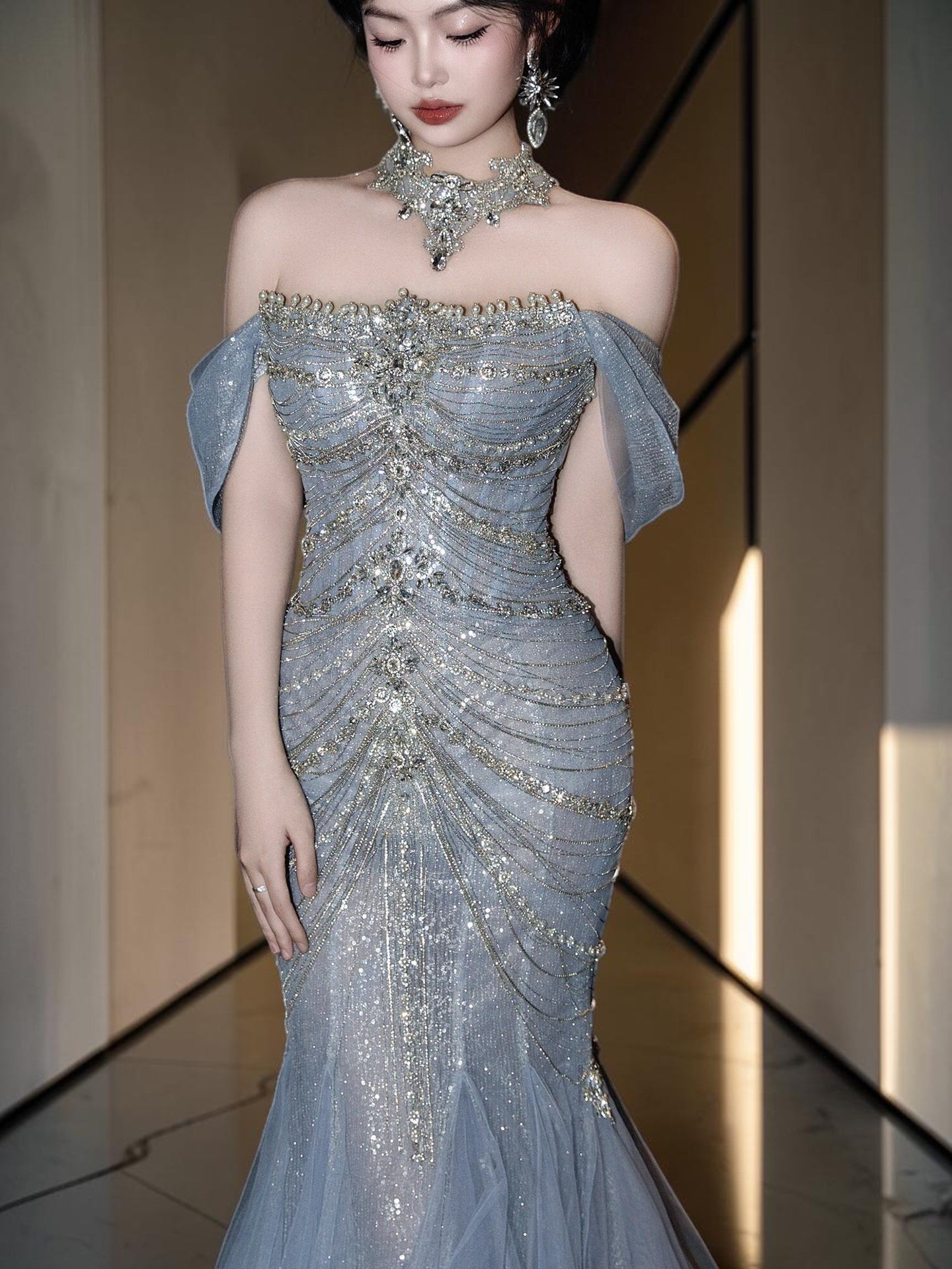 Icy Blue Strapless Beaded Mermaid Evening Gown with Train SL165