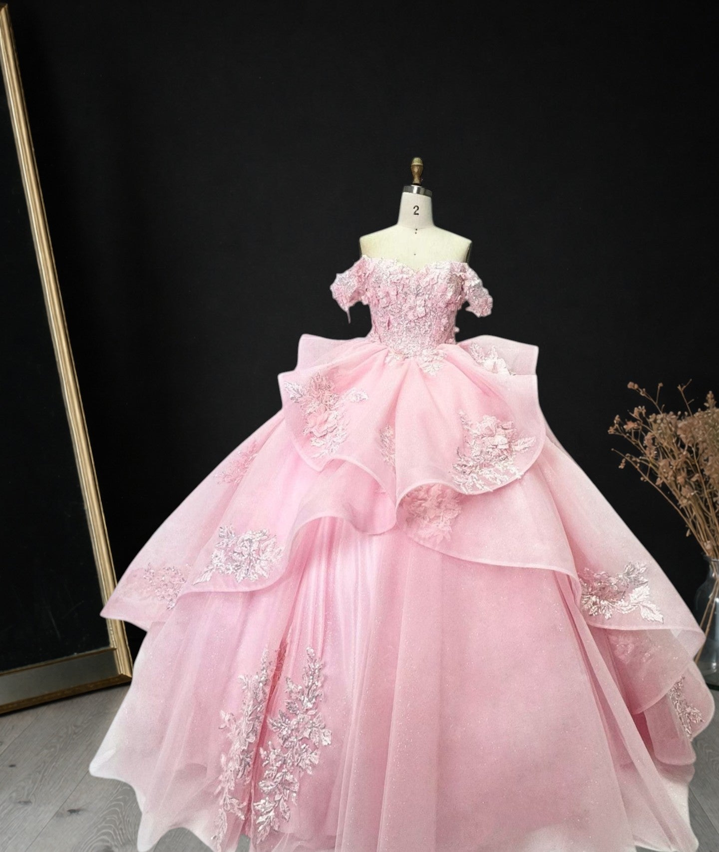 Princess Pink Ball Gown Cold Shoulder Tulle Birthday Dress CZ158