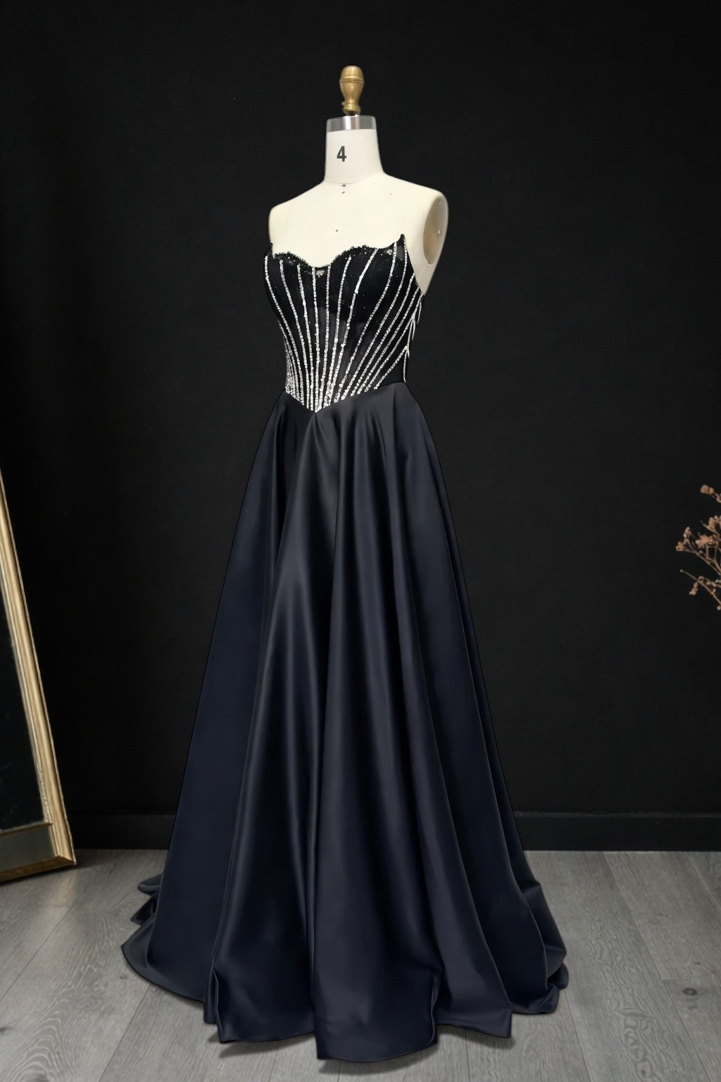 Chic Black Evening Gown with Beaded Corset Bodice CZ160