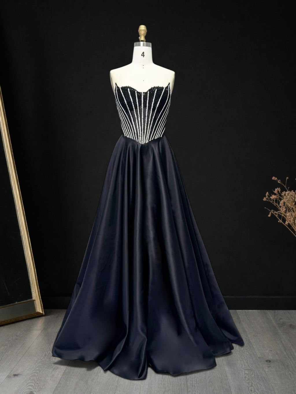 Chic Black Evening Gown with Beaded Corset Bodice CZ160