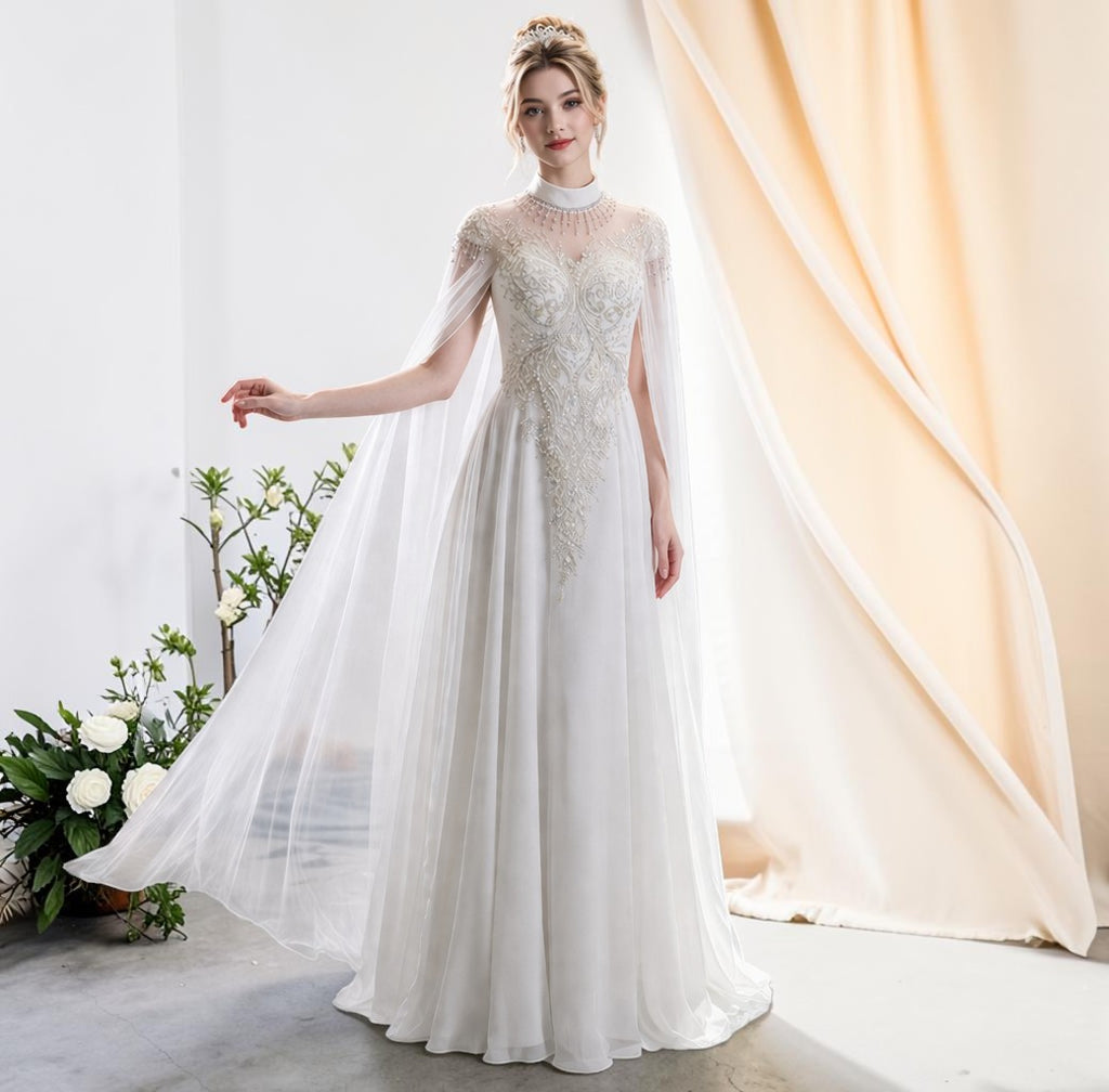 Elegant White Beaded with Cape Sleeves Evening Dress SL164