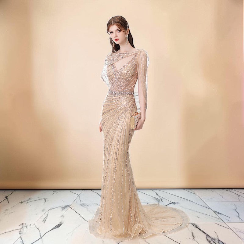 Champagne Beaded Mermaid Evening Gown with Illusion Neckline SL166