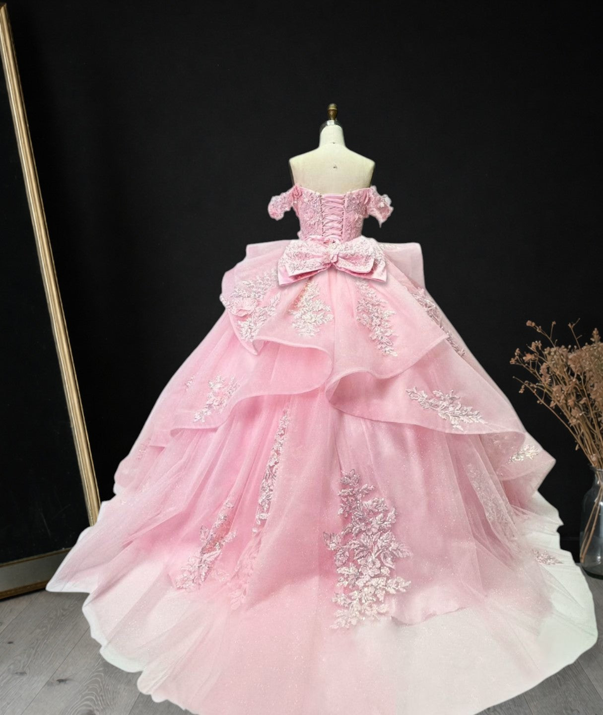 Princess Pink Ball Gown Cold Shoulder Tulle Birthday Dress CZ158