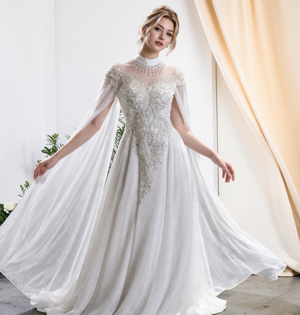Elegant White Beaded with Cape Sleeves Evening Dress SL164