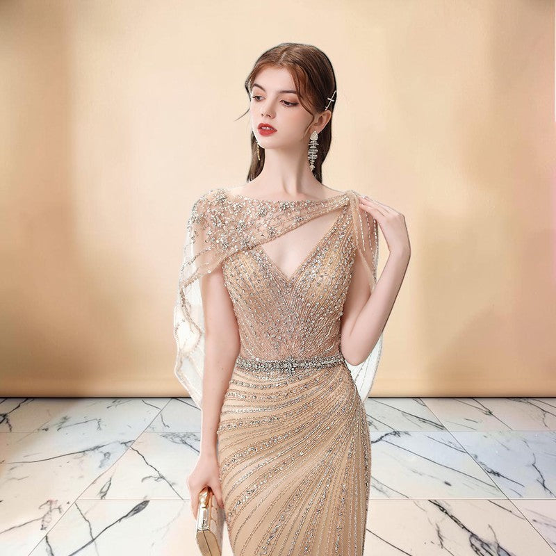Champagne Beaded Mermaid Evening Gown with Illusion Neckline SL166