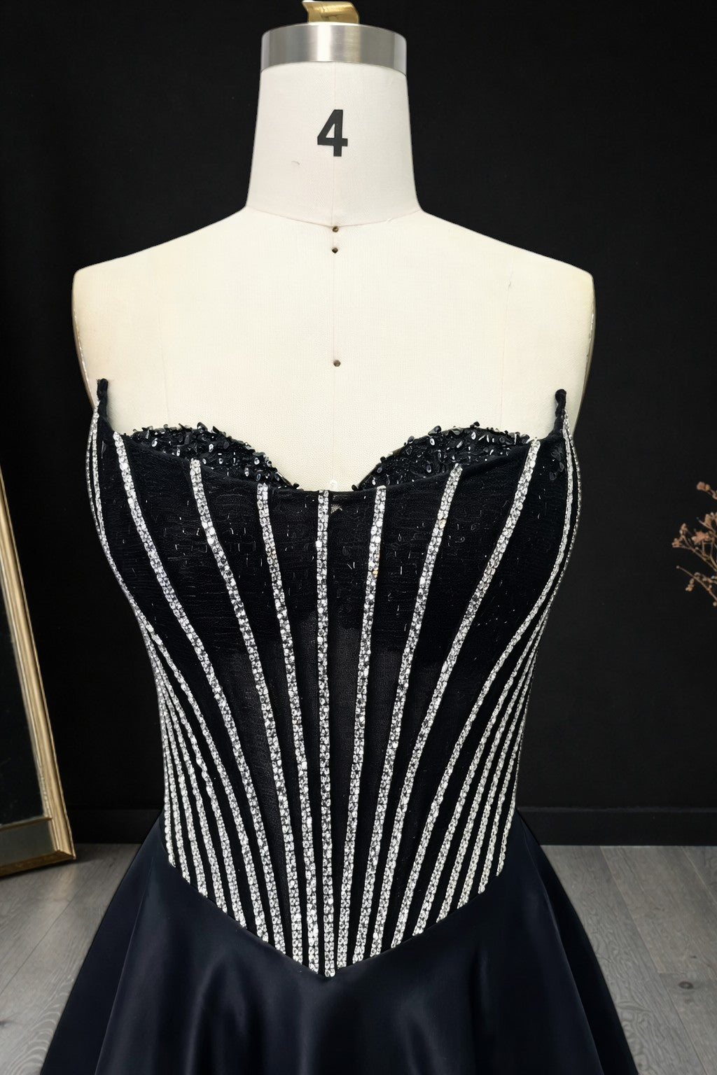 Chic Black Evening Gown with Beaded Corset Bodice CZ160
