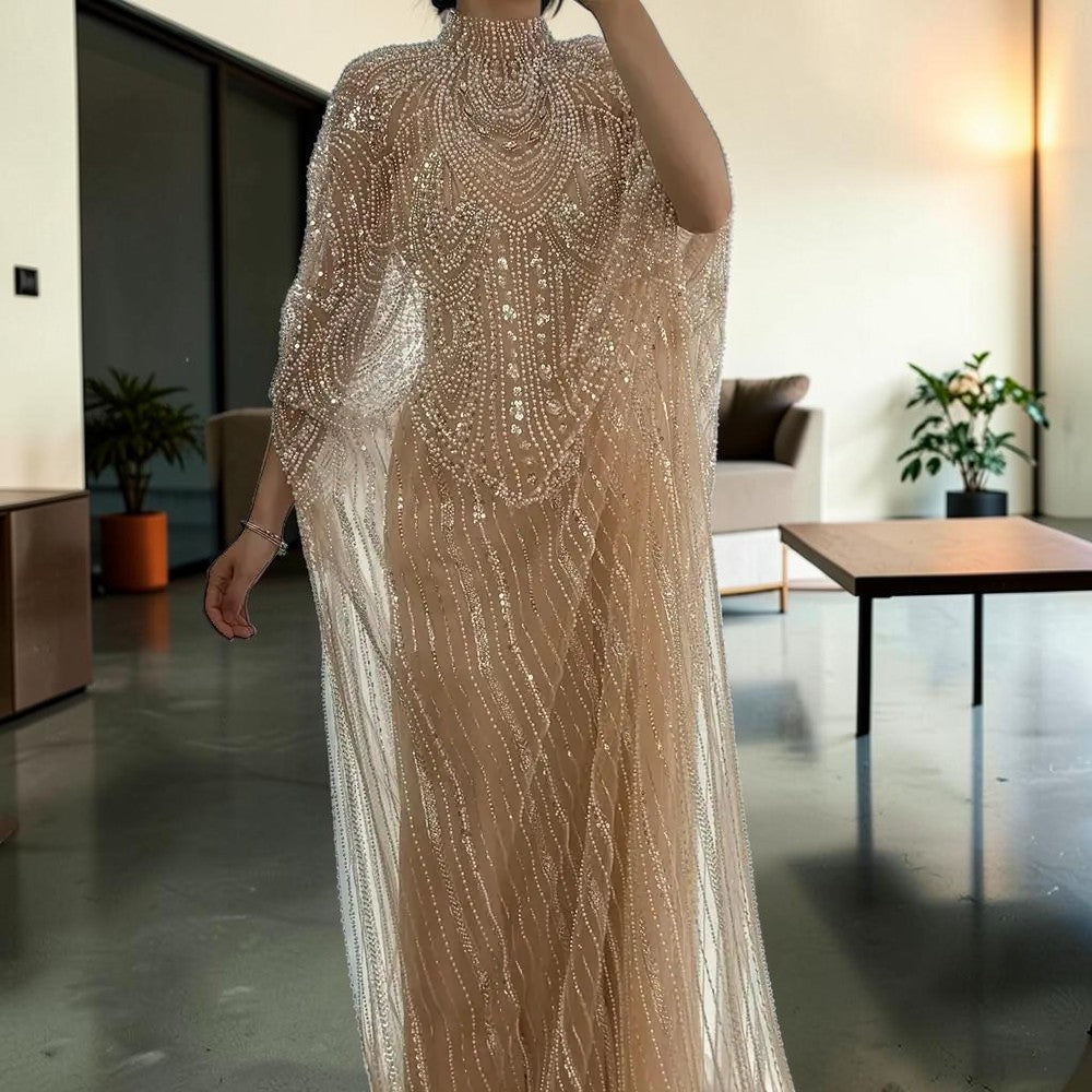 Champagne High Neck Crystal Maxi Gown with Draped Cape SL170