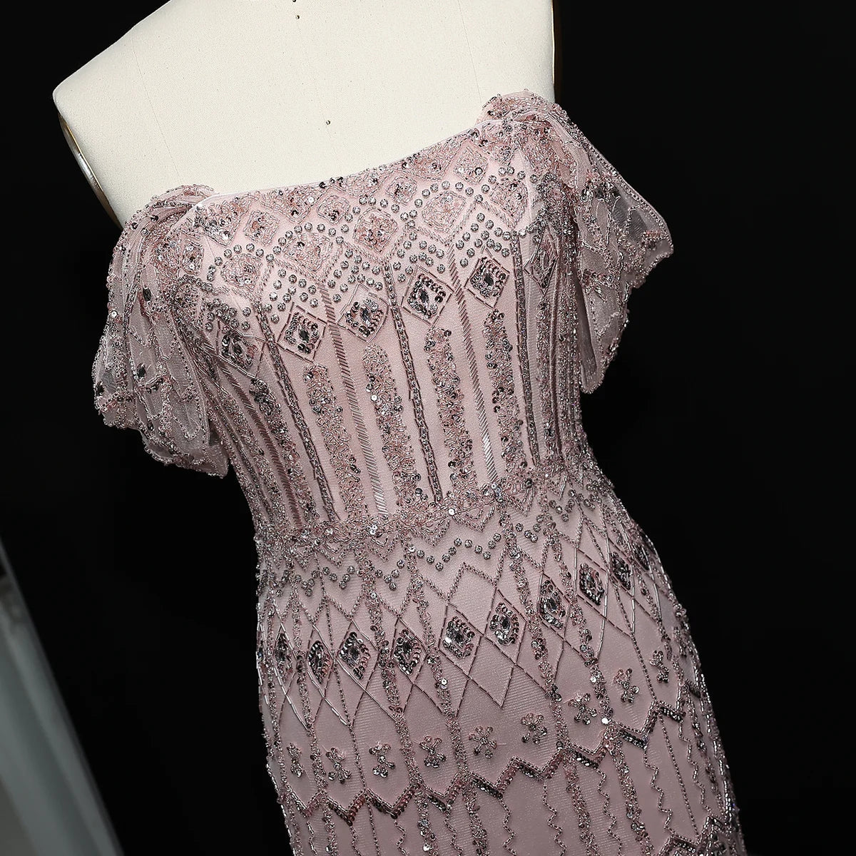 Elegant Blush Pink Beaded Formal Dress with Sleeves SL209