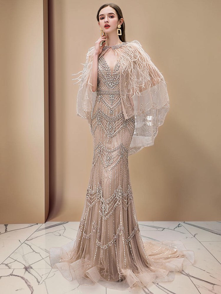 Champagne Crystal Beaded Mermaid Evening Gown with Feather Cape SL167