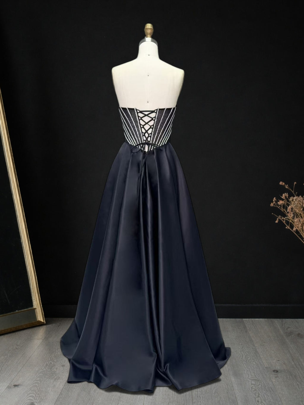 Chic Black Evening Gown with Beaded Corset Bodice CZ160