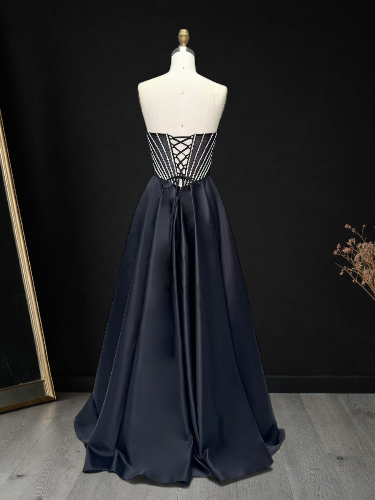 Chic Black Evening Gown with Beaded Corset Bodice CZ160