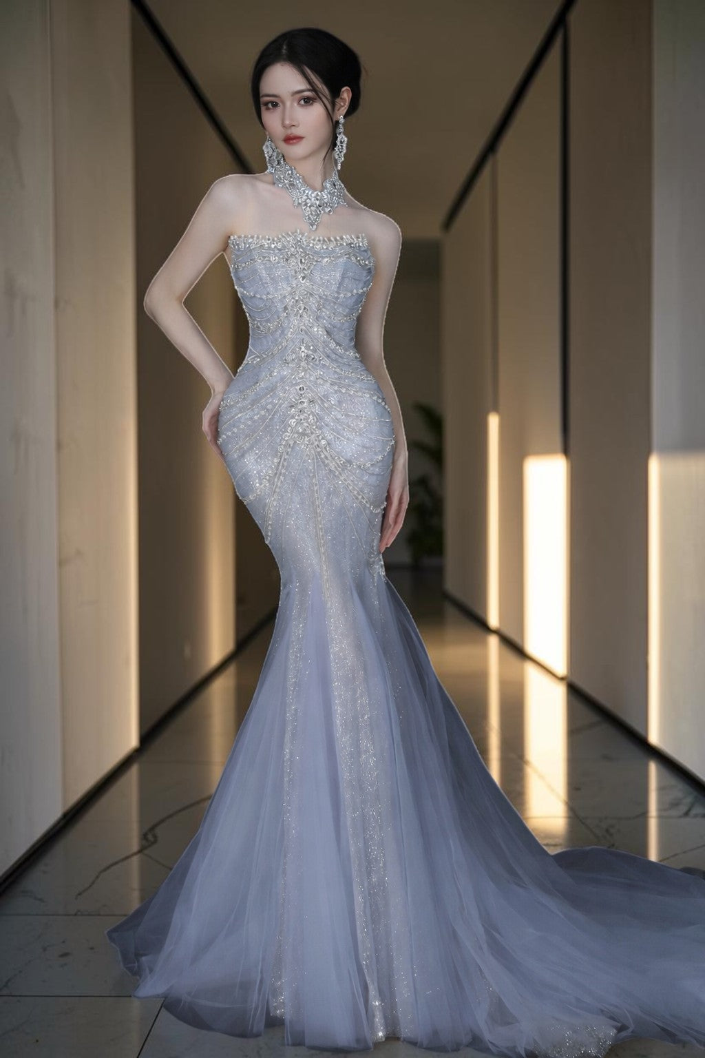 Icy Blue Strapless Beaded Mermaid Evening Gown with Train SL165