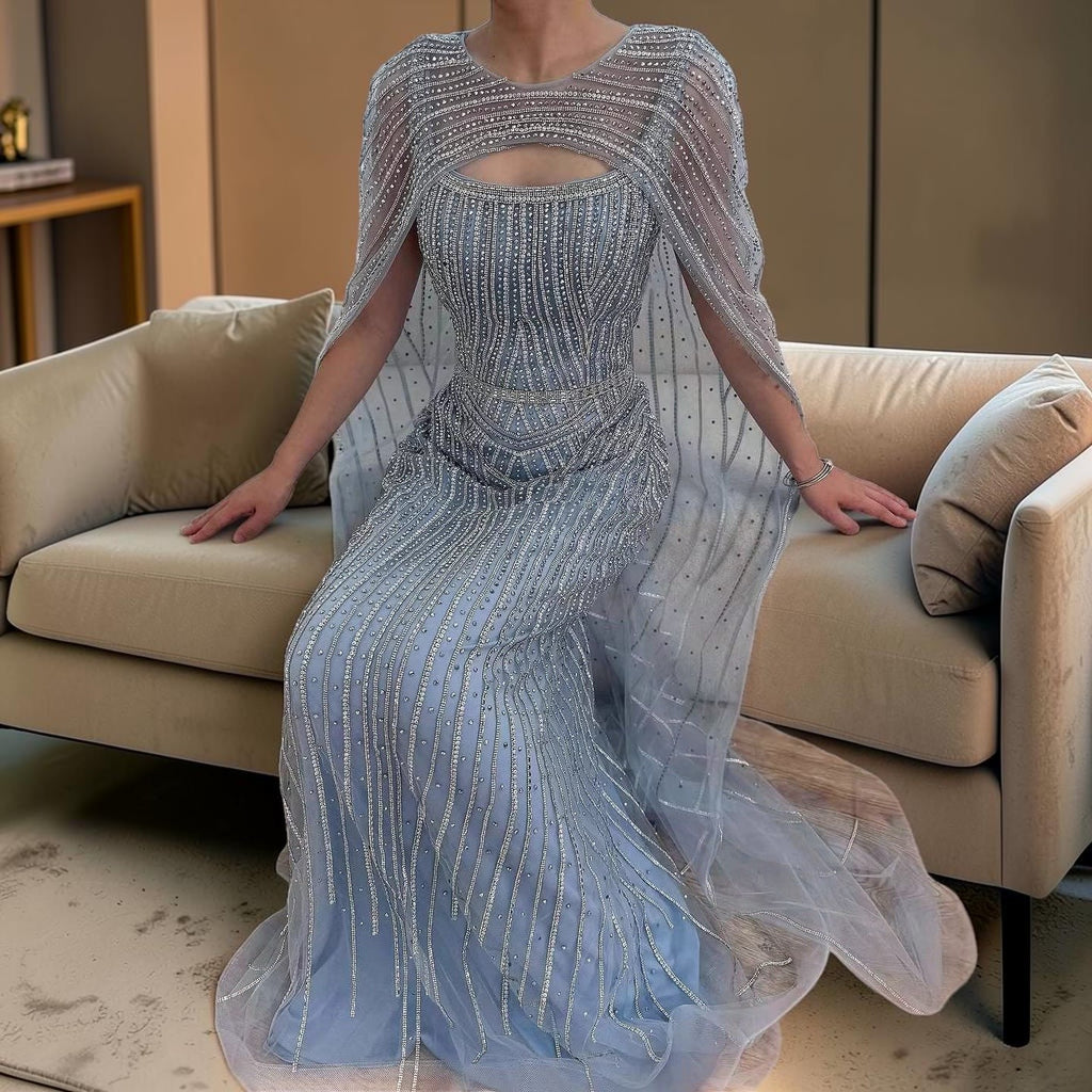 Luxury Light Gold Evening Gown with Sparkling Cape Detail SL171