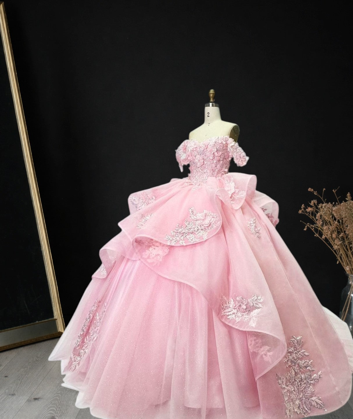 Princess Pink Ball Gown Cold Shoulder Tulle Birthday Dress CZ158