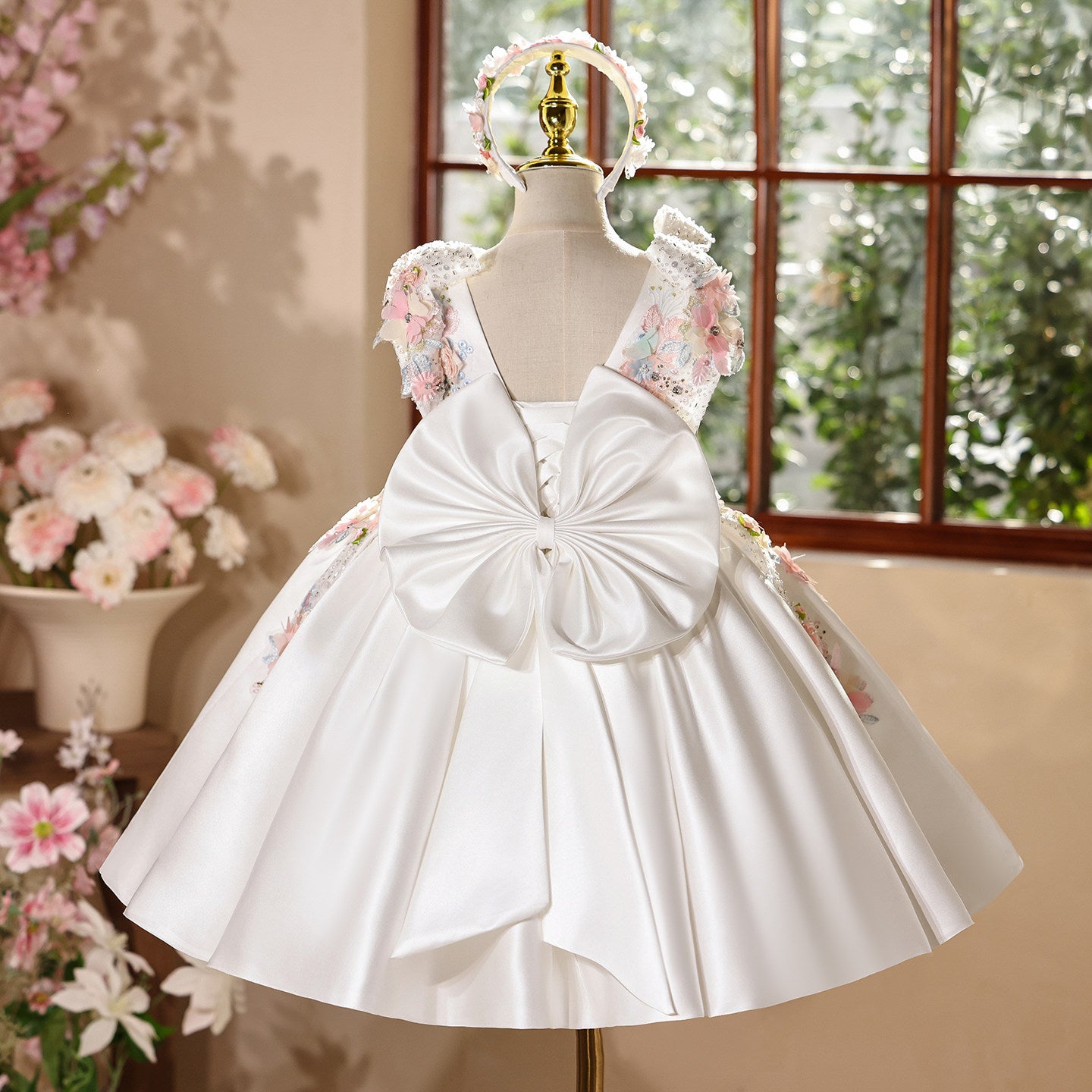 White Birthday Satin Puffy Princess Dress With 3D Flower SL129