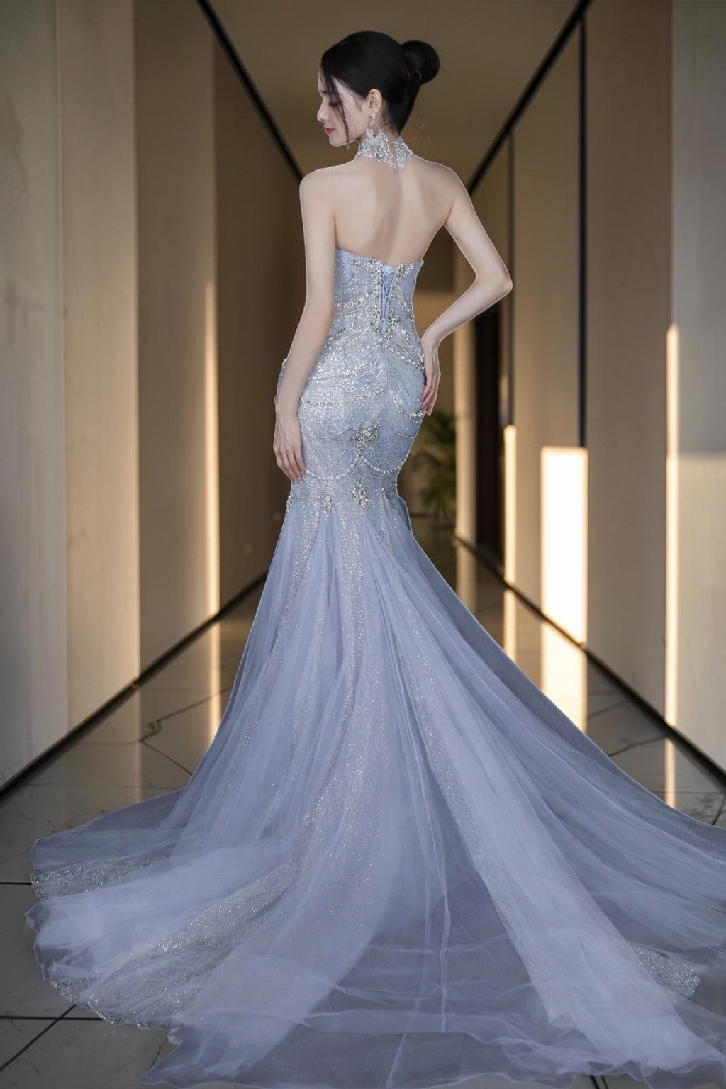 Icy Blue Strapless Beaded Mermaid Evening Gown with Train SL165