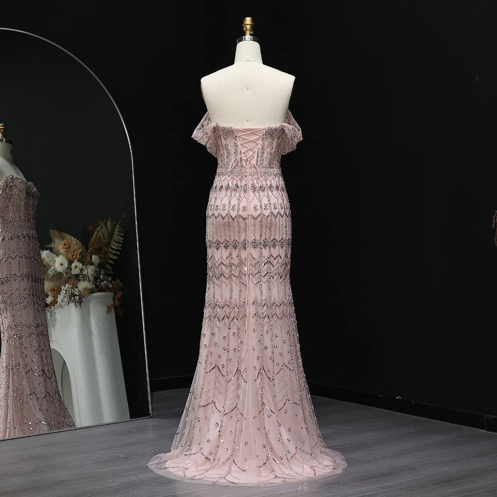 Elegant Blush Pink Beaded Formal Dress with Sleeves SL209