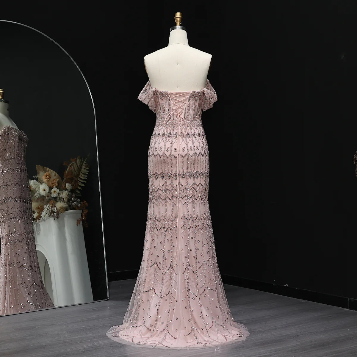 Elegant Blush Pink Beaded Formal Dress with Sleeves SL209