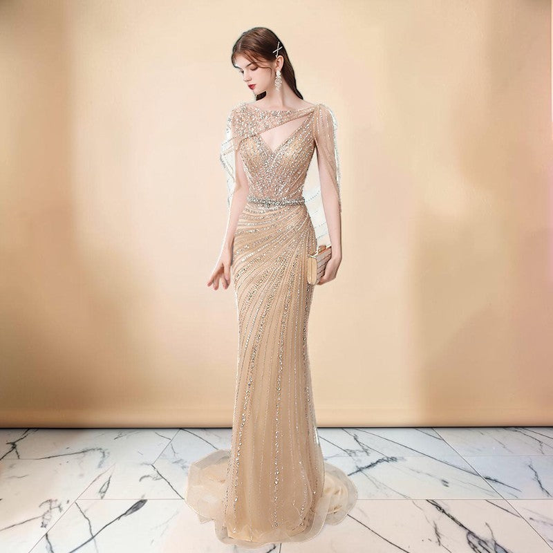 Champagne Beaded Mermaid Evening Gown with Illusion Neckline SL166