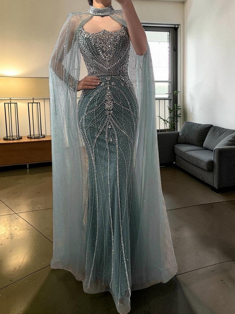 Sage Green Crystal Beaded Evening Gown with Cape Sleeves SL168