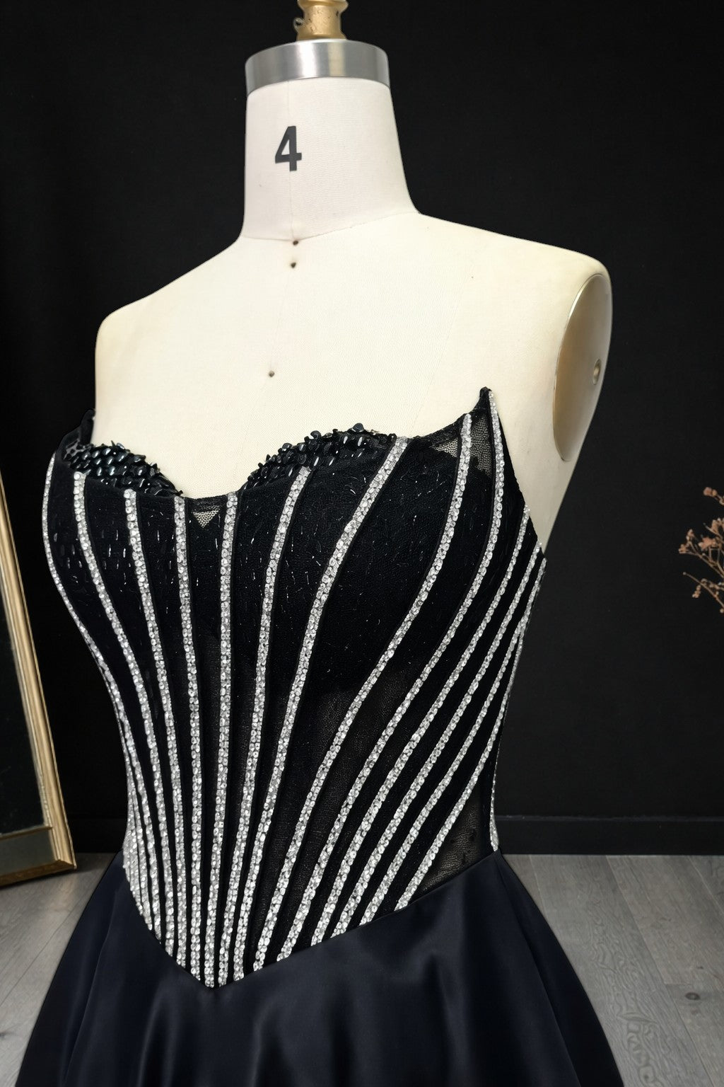 Chic Black Evening Gown with Beaded Corset Bodice CZ160
