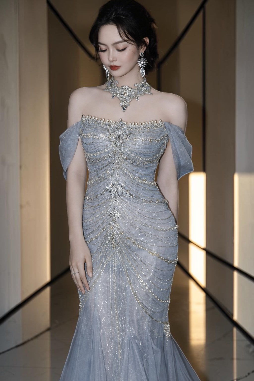 Icy Blue Strapless Beaded Mermaid Evening Gown with Train SL165