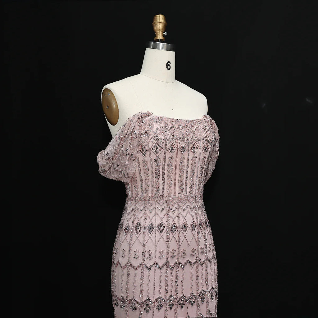 Elegant Blush Pink Beaded Formal Dress with Sleeves SL209