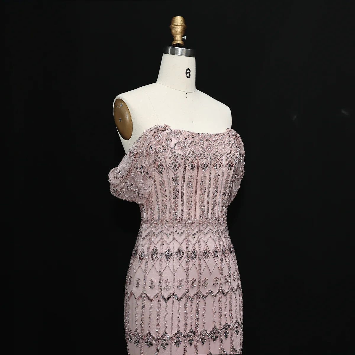 Elegant Blush Pink Beaded Formal Dress with Sleeves SL209