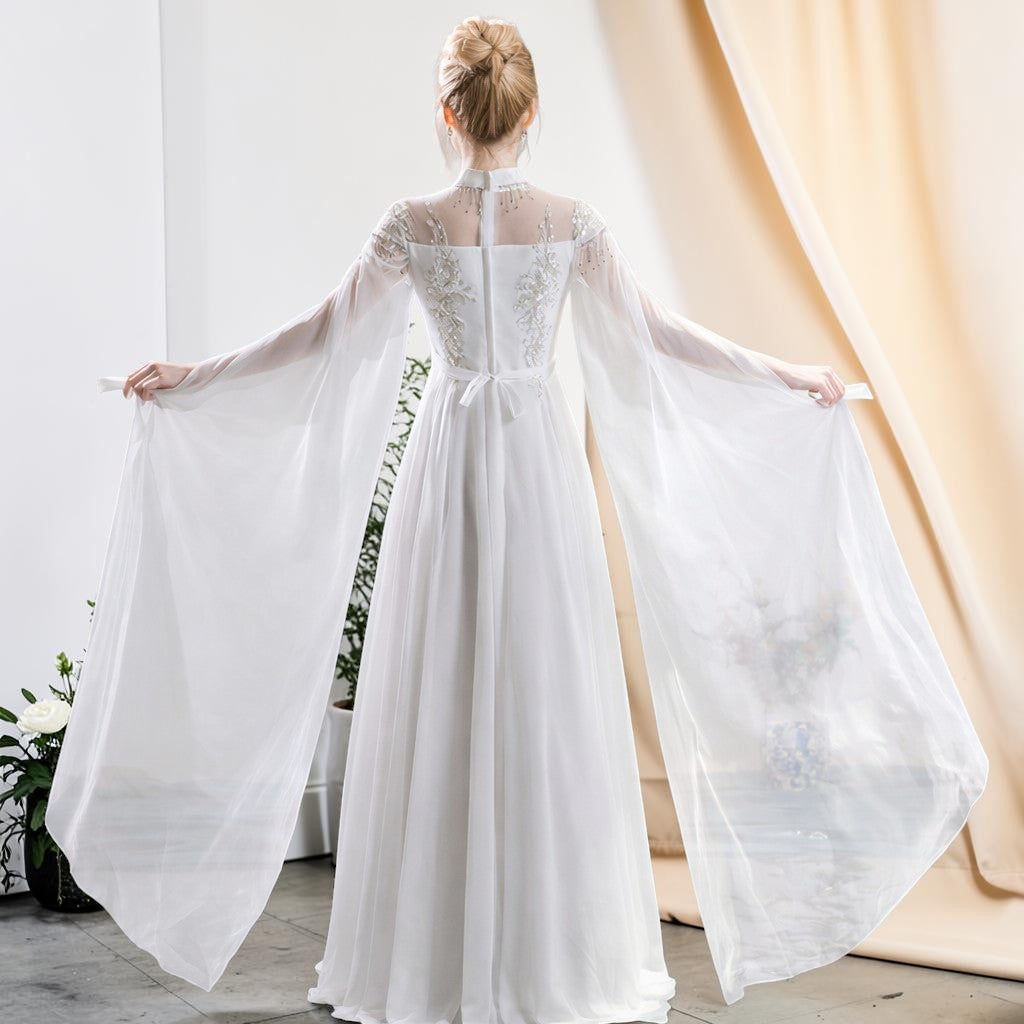 Elegant White Beaded with Cape Sleeves Evening Dress SL164