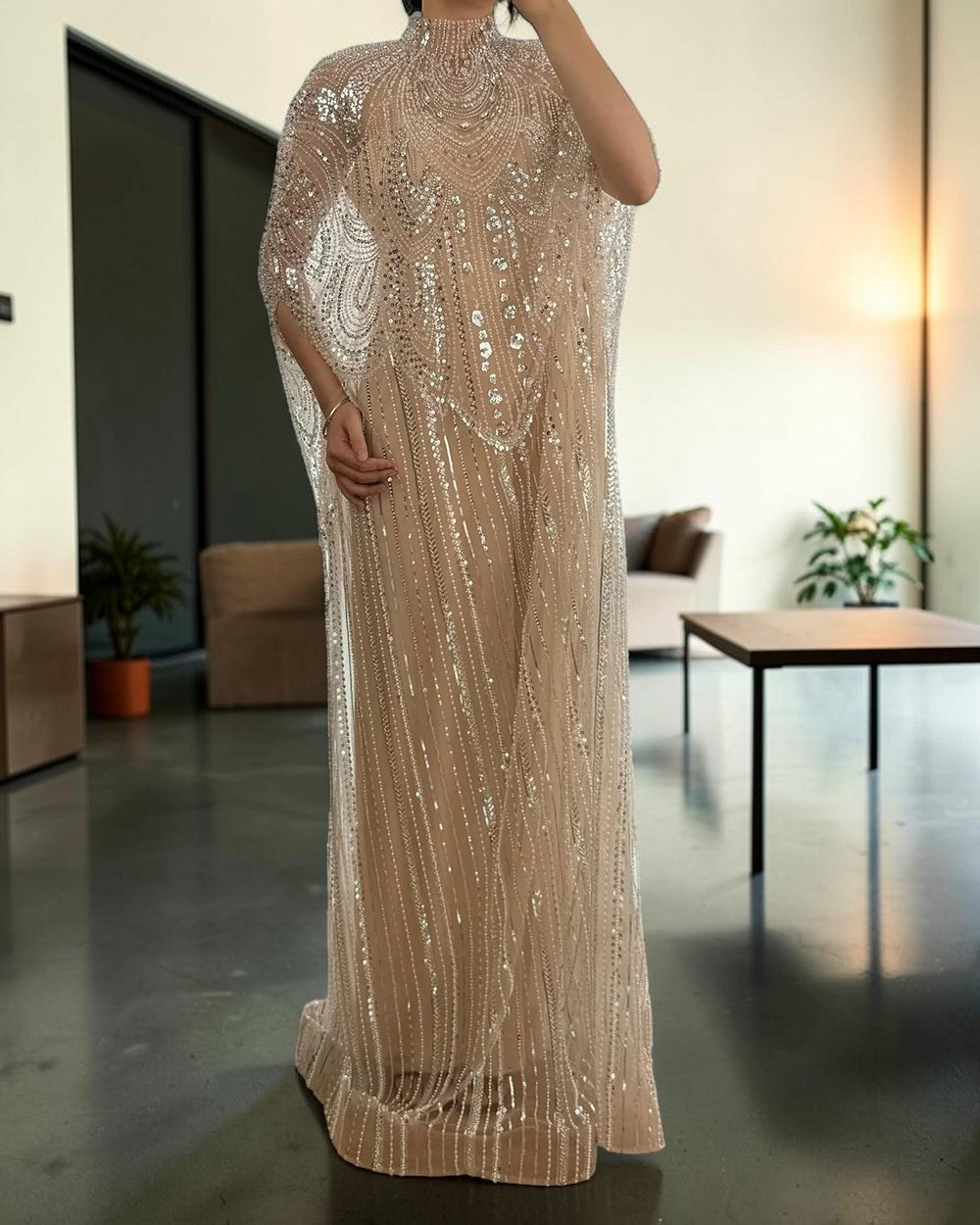 Champagne High Neck Crystal Maxi Gown with Draped Cape SL170