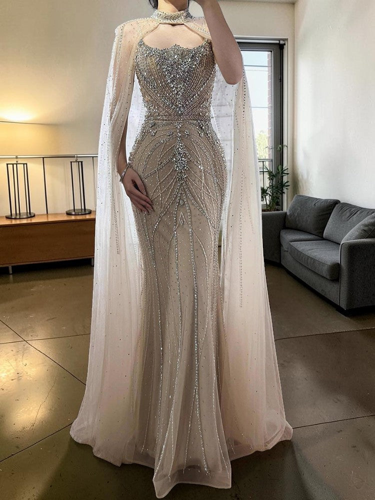 Sage Green Crystal Beaded Evening Gown with Cape Sleeves SL168