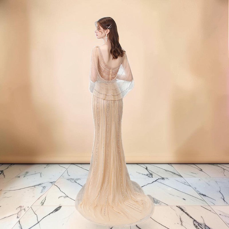 Champagne Beaded Mermaid Evening Gown with Illusion Neckline SL166