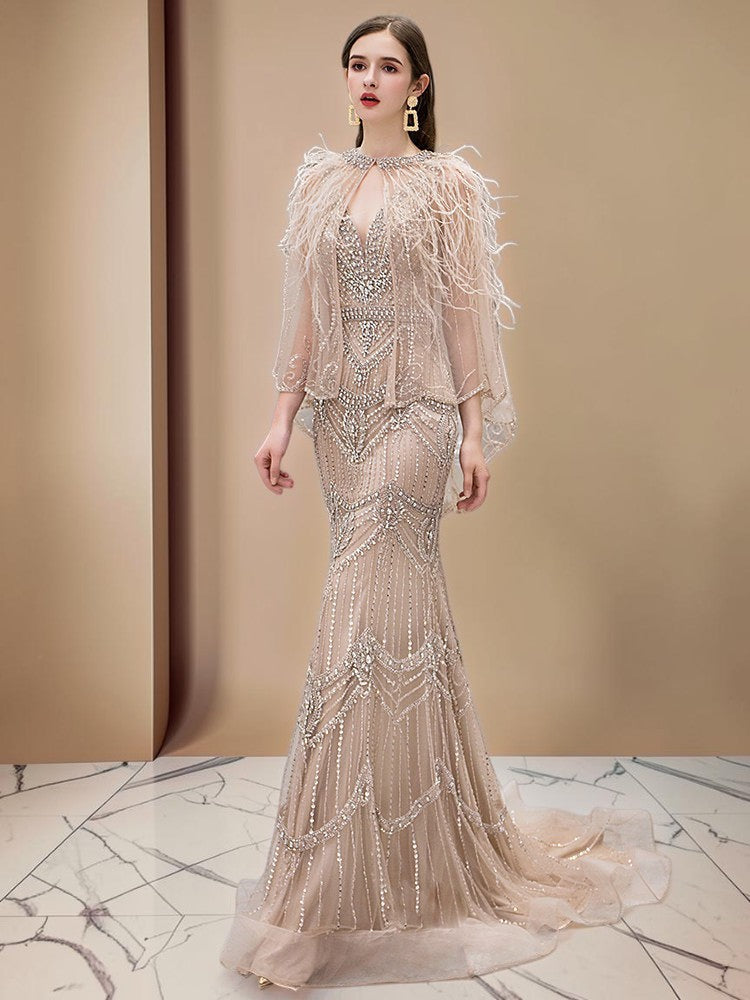 Champagne Crystal Beaded Mermaid Evening Gown with Feather Cape SL167