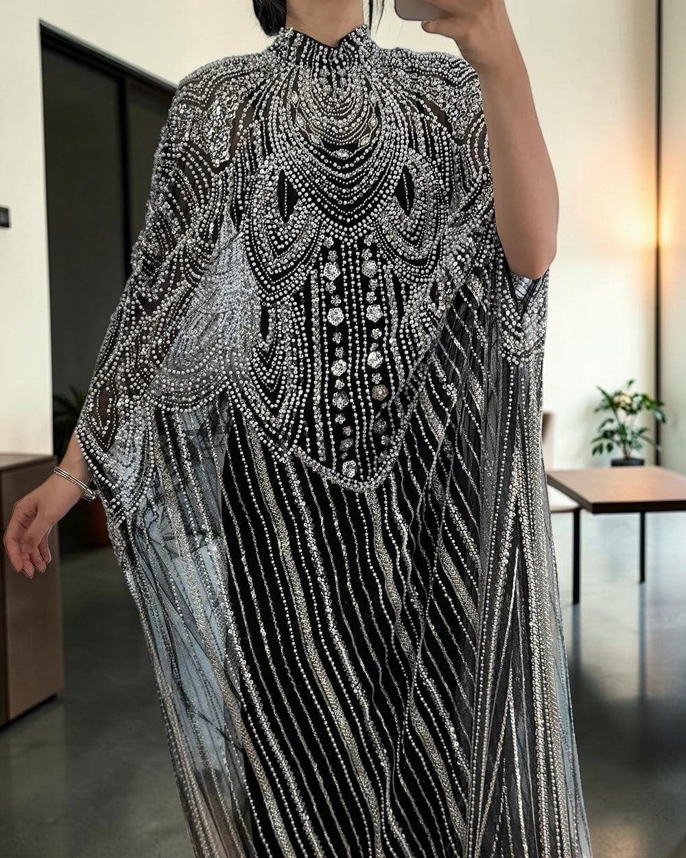 Champagne High Neck Crystal Maxi Gown with Draped Cape SL170