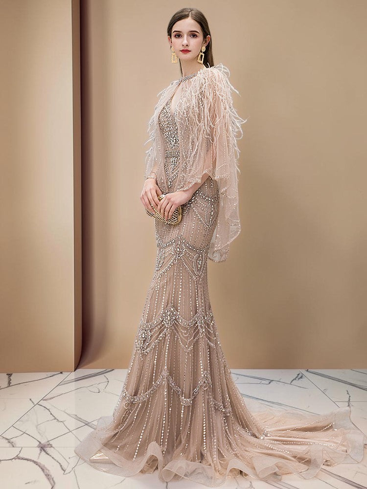 Champagne Crystal Beaded Mermaid Evening Gown with Feather Cape SL167