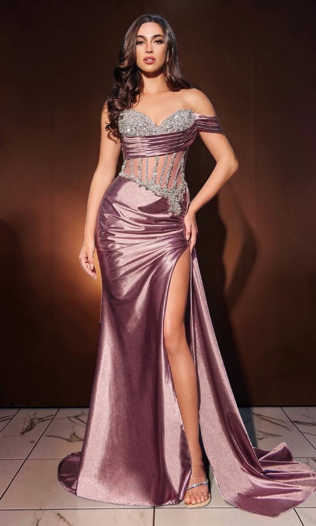 Elegent Champagne Gold Beaded One-Shoulder Evening Dress CZ159