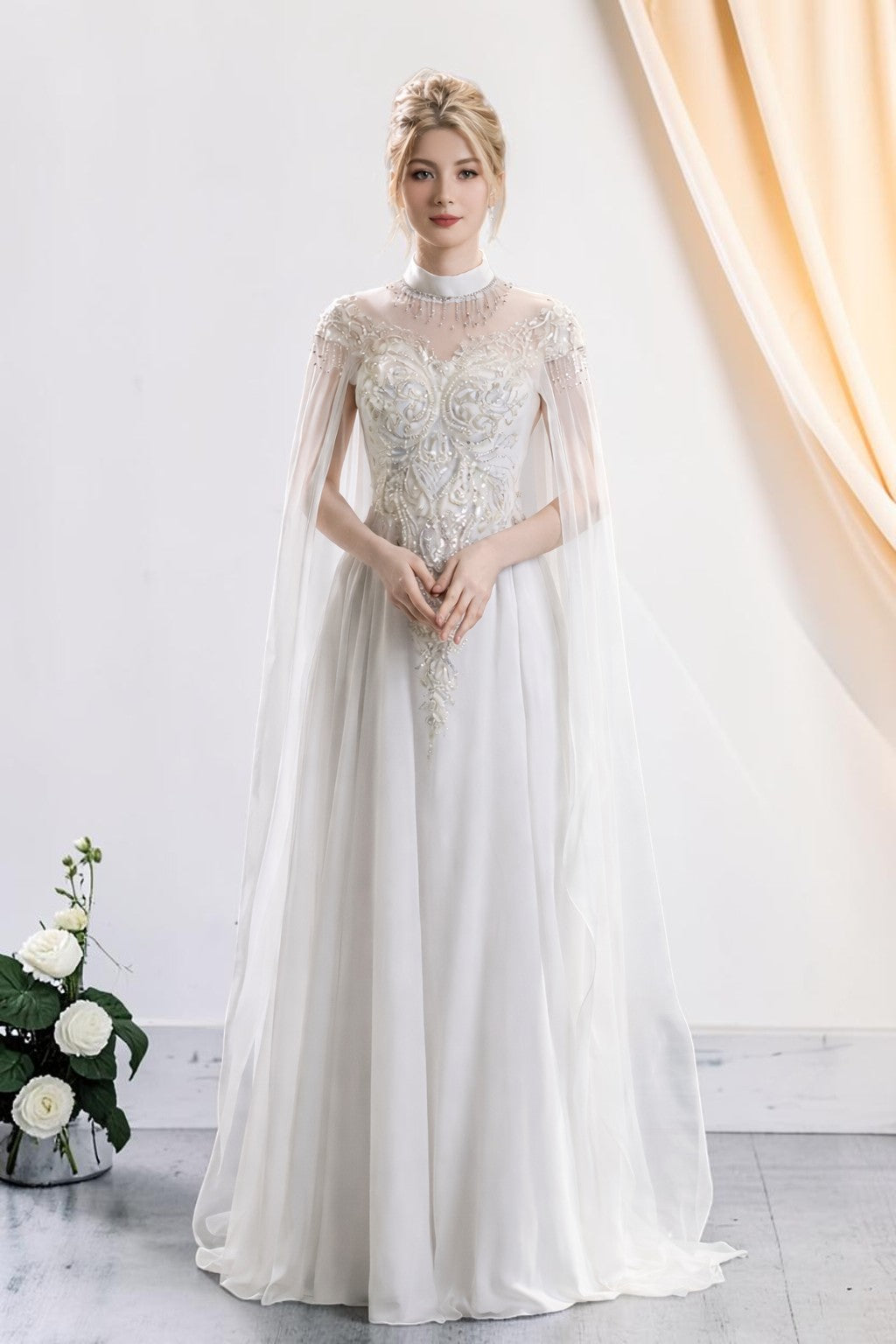 Elegant White Beaded with Cape Sleeves Evening Dress SL164