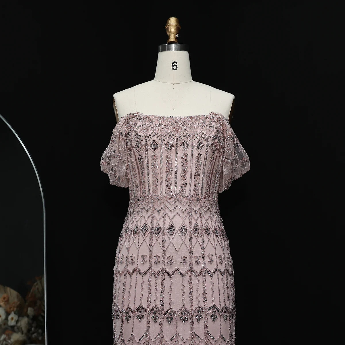 Elegant Blush Pink Beaded Formal Dress with Sleeves SL209