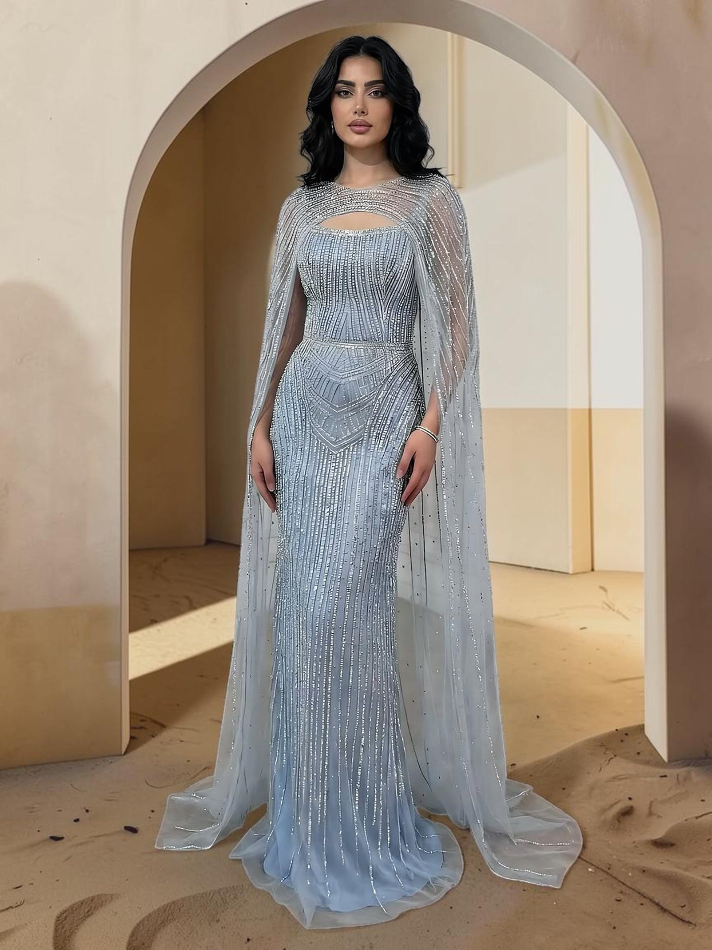 Luxury Light Gold Evening Gown with Sparkling Cape Detail SL171