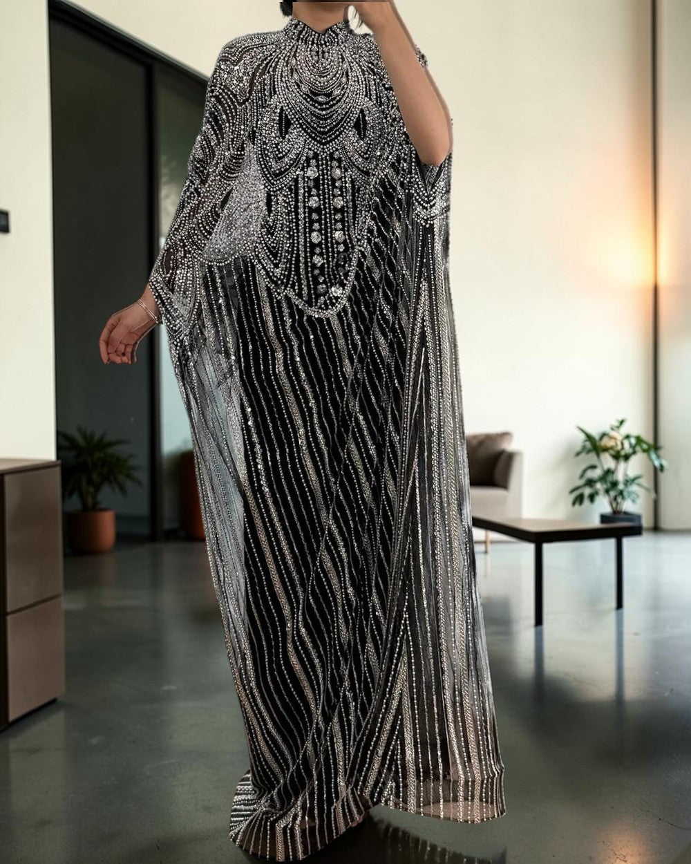 Champagne High Neck Crystal Maxi Gown with Draped Cape SL170