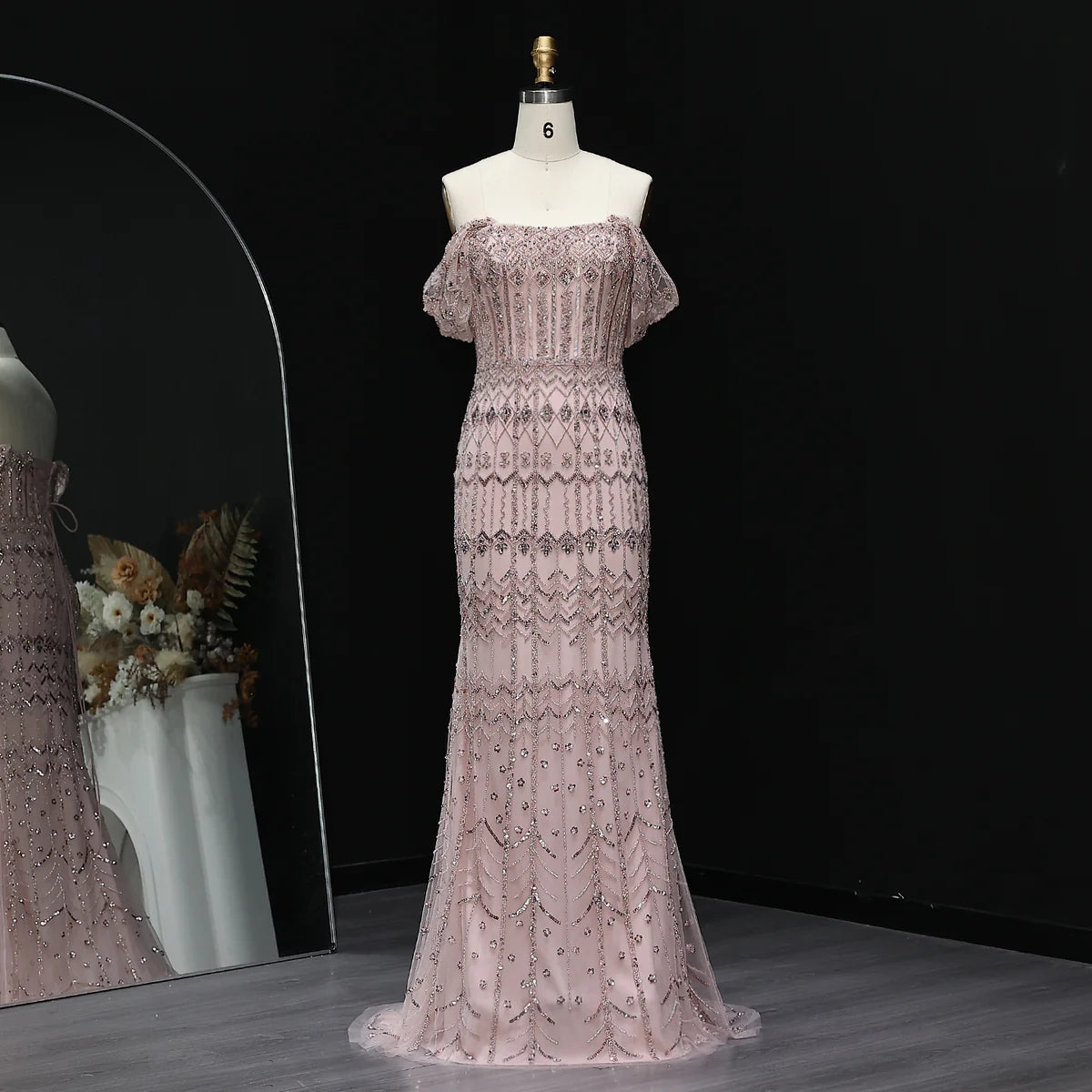 Elegant Blush Pink Beaded Formal Dress with Sleeves SL209