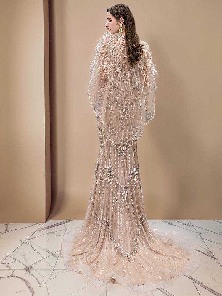 Champagne Crystal Beaded Mermaid Evening Gown with Feather Cape SL167