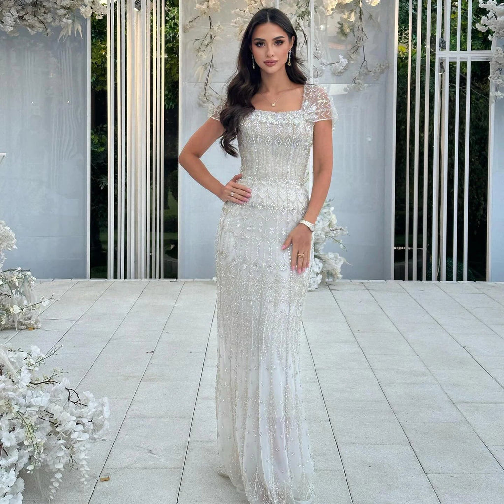 Elegant Blush Pink Beaded Formal Dress with Sleeves SL209