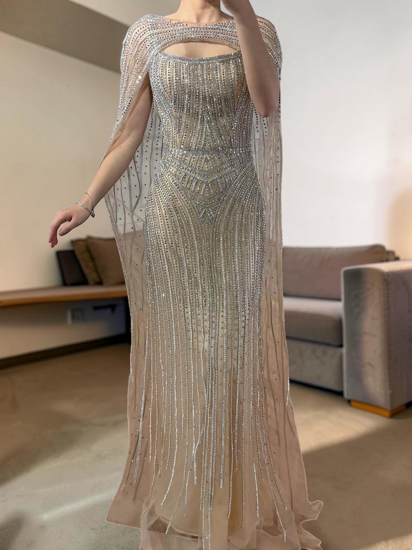 Luxury Light Gold Evening Gown with Sparkling Cape Detail SL171